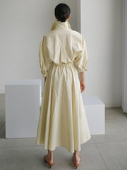 Original Solid Color Lapel Long Sleeves Midi Dress