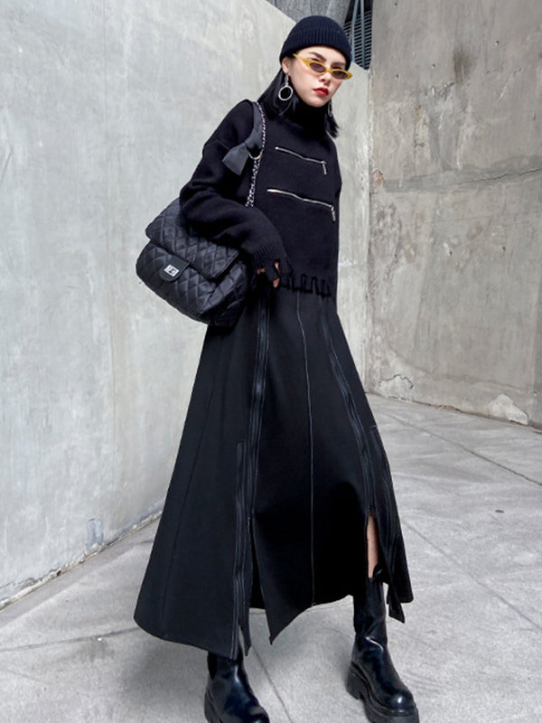 Solid Color Split-Joint Split-Side Zipper A-Line Irregularity Skirts Bottoms