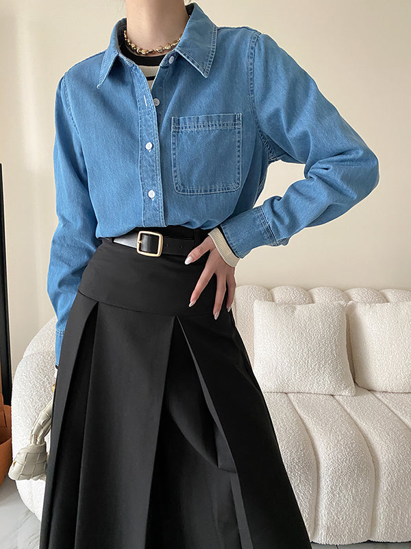 Pleated Solid Color Split-Joint A-Line High Waisted Skirts Bottoms