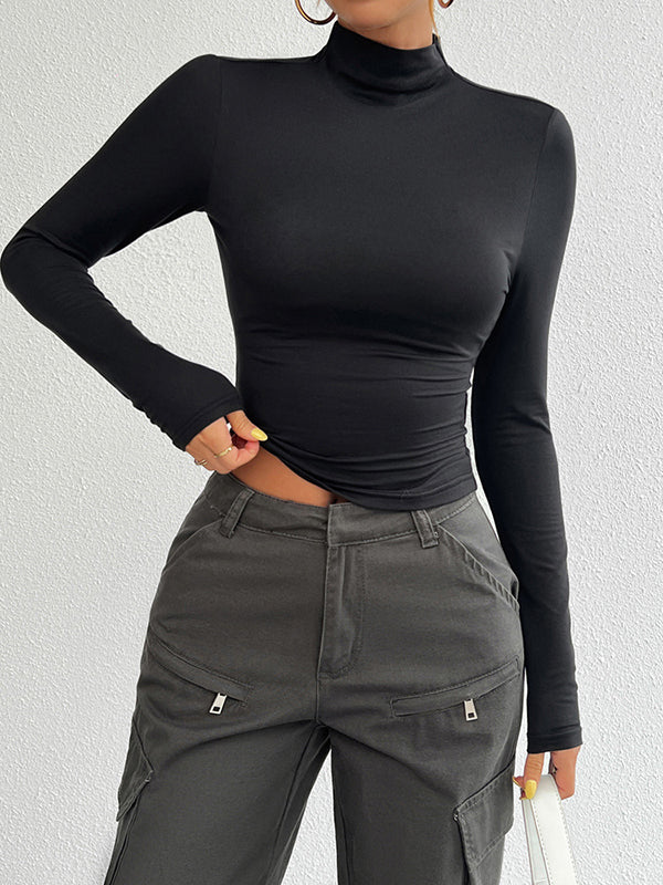 Solid Color Long Sleeves Skinny High Neck T-Shirts Tops