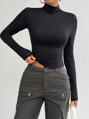 Solid Color Long Sleeves Skinny High Neck T-Shirts Tops