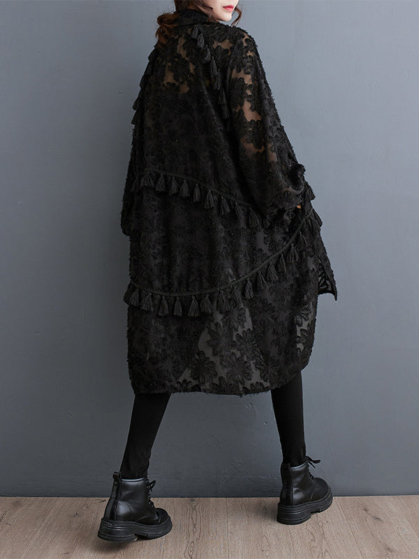 Buttoned Flower Print Solid Color Split-Joint Split-side Tasseled A-line High-low Lapel Midi Dresses