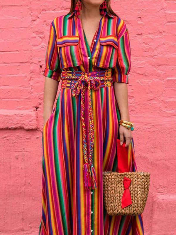 Split-Joint Striped Long Sleeves Loose Lapel Shirt Dress Maxi Dresses