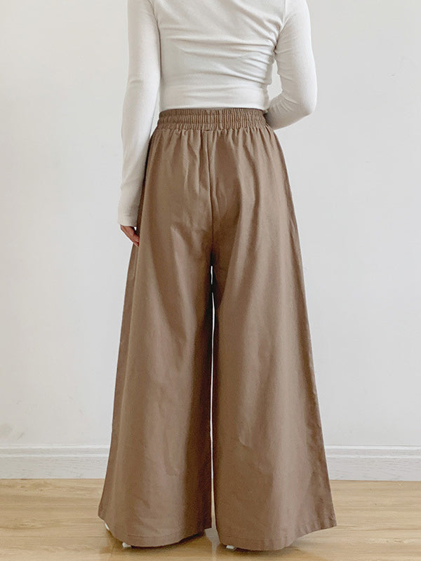 Drawstring Elasticity Pockets Solid Color High Waisted Loose Trousers Pants