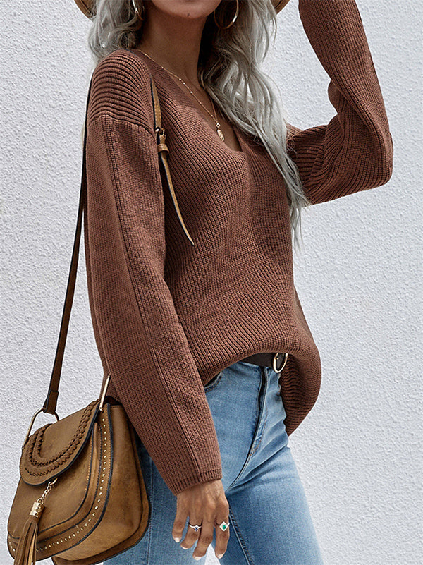 Casual Loose Solid Color V-Neck Sweater Tops