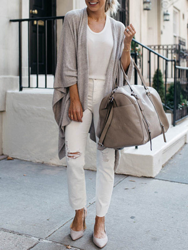 Solid Color Batwing Sleeves Loose Collarless Cardigan Tops