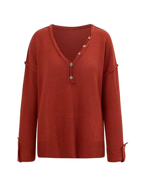 Buttoned Split-Side Long Sleeves Loose V-Neck Sweater Tops Pullovers