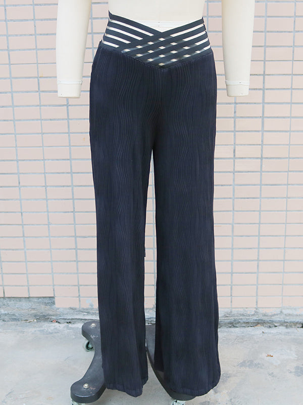 Elasticity Hollow Pleated Solid Color Loose Wide Leg Trousers Pants