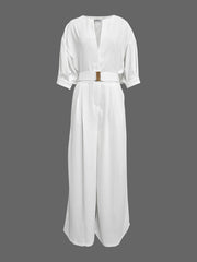 Half Sleeves Loose No Belt Solid Color Deep V-Neck Jumpsuits