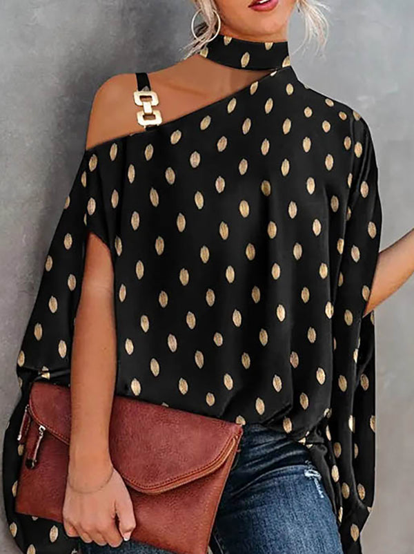 Asymmetric Chains Leaves Print Batwing Sleeves Loose Asymmetric Collar T-Shirts Tops