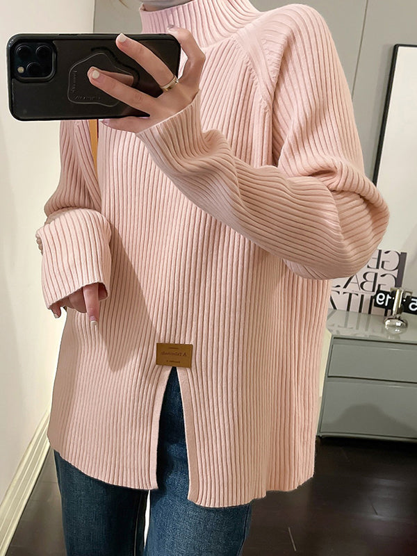 Split-Front Long Sleeves Loose Mock Neck Sweater Tops Pullovers