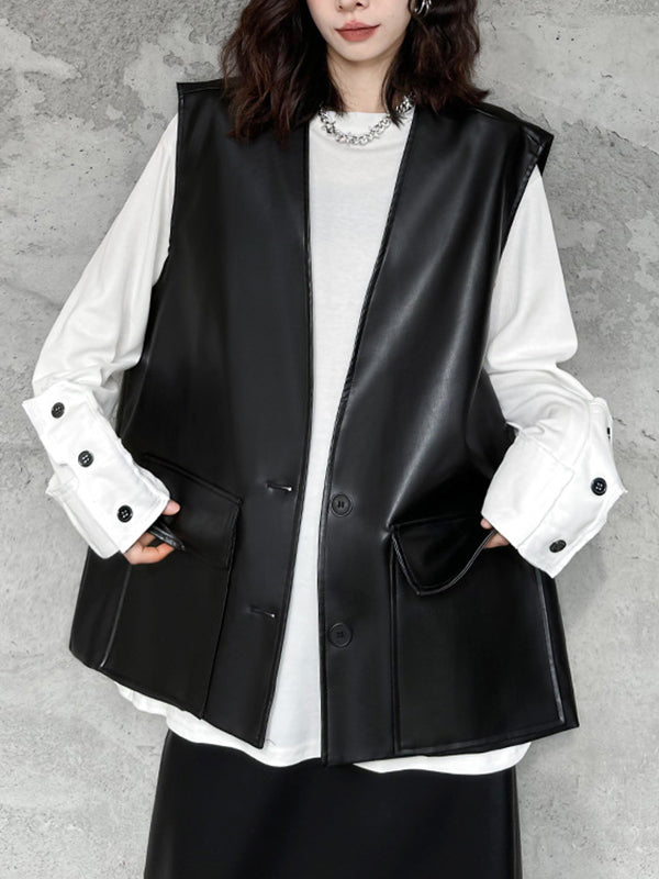 Buttoned Pockets Solid Color Loose Sleeveless V-neck Vest Outerwear