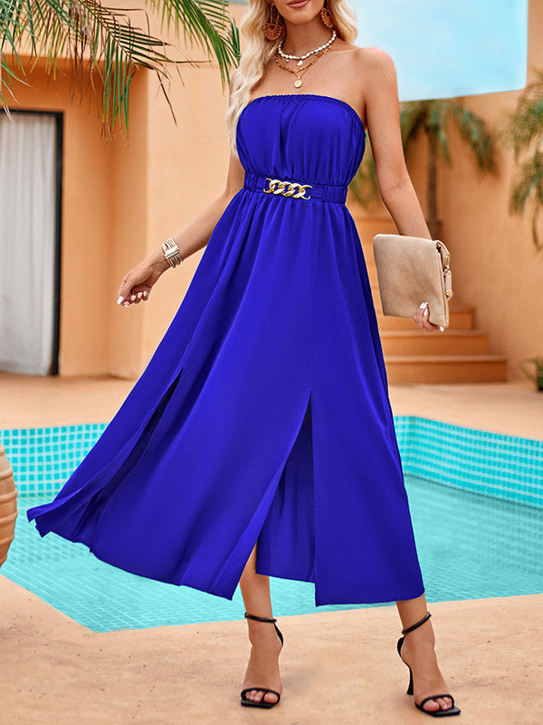 Belted Elasticity Split-Front A-Line Loose Tube Midi Dresses