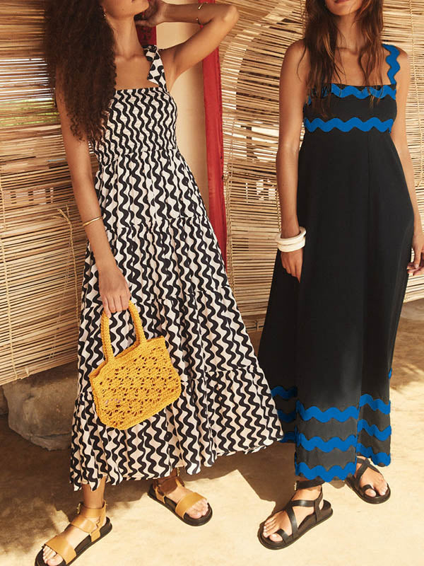 A-line High Waisted Contrast Color Zipper Square-neck Maxi Dresses Midi Dresses