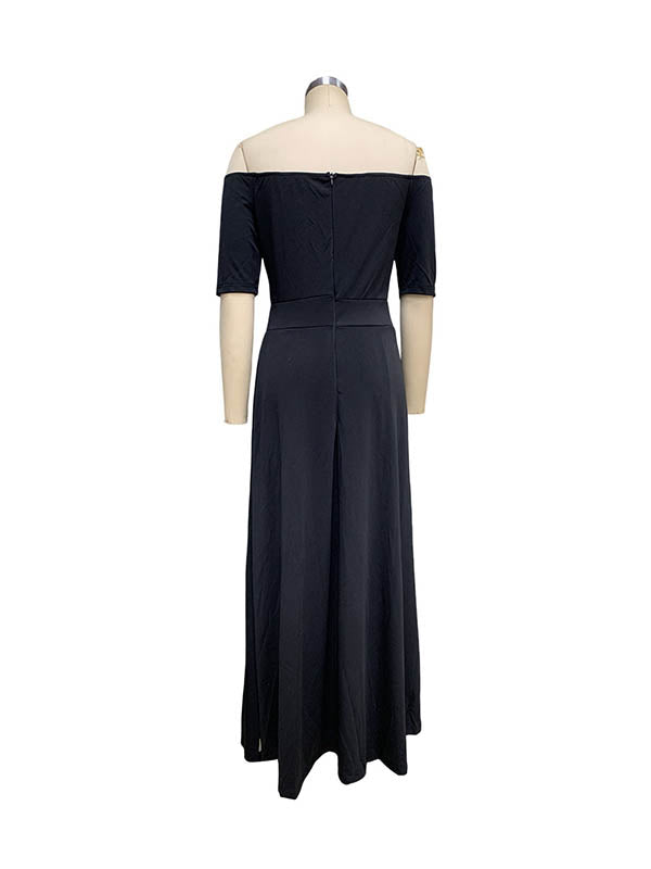 Solid Color Split-Joint Half Sleeves Ninth Pants Off-The-Shoulder Jumpsuits