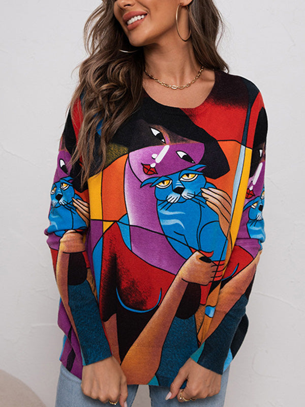 Animal Printed Figure Long Sleeves Loose Round-Neck Sweater Tops Pullovers Knitwear