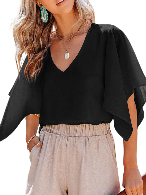Falbala Solid Color Flared Sleeves V-Neck T-Shirts Tops
