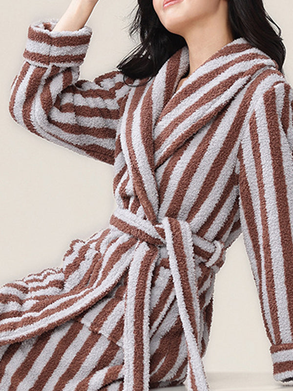 Split-Joint Striped Tied Waist Long Sleeves Loose Lapel Robes