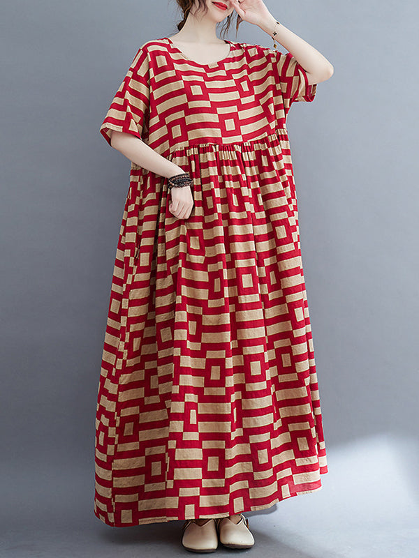 Plaid Loose Short Sleeves Round-Neck Midi Dresses