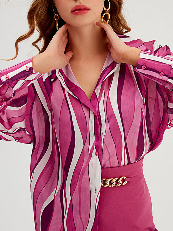 Contrast Color Striped Long Sleeves Loose Lapel Blouses