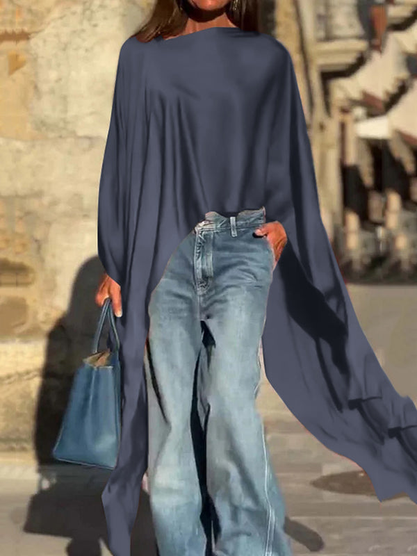 Solid Color Split-Joint Batwing Sleeves High-low Round-neck Blouses&shirts Tops