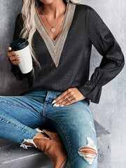 Elasticity Hollow Jacquard Leopard Split-Joint Long Sleeves Loose V-Neck Blouses&Shirts Tops