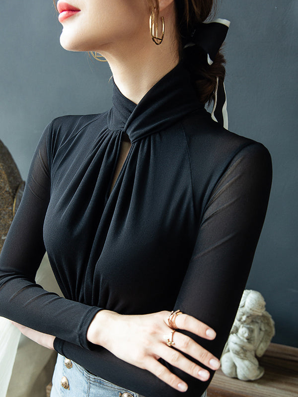 Hollow Mesh Pleated See-Through Solid Color Twist Long Sleeves Plus Size Half Turtleneck Blouses&Shirts Tops