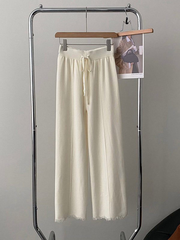 Fringed Pleated Solid Color Split-Joint Tied Waist High Waisted Loose Trousers Pants