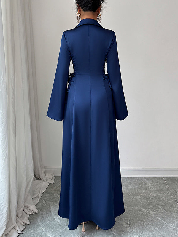 Solid Color Tied Flared Sleeves High Waisted Lapel Maxi Dresses