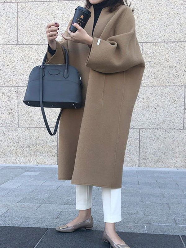 Solid Color Long Sleeves Loose Collarless Woolen Coat