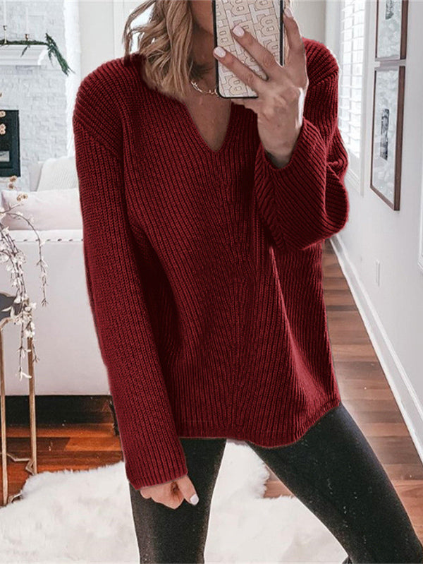 Casual Loose Solid Color V-Neck Sweater Tops