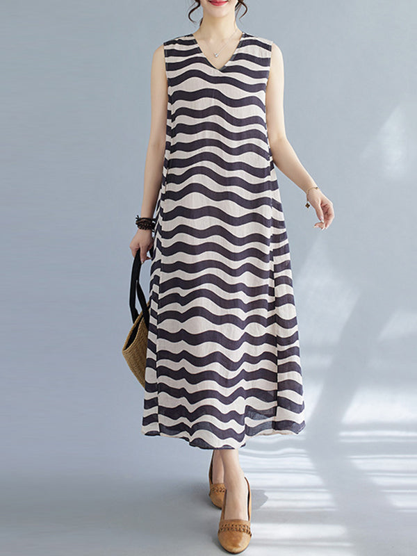 Striped Loose Sleeveless V-neck Midi Dresses