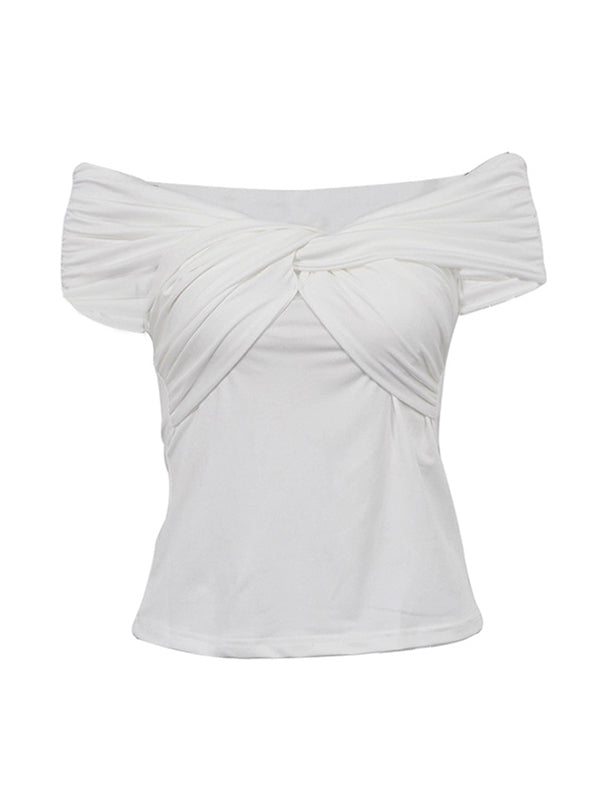 Knot Pleated Solid Color Split-Joint Short Sleeves Skinny Boat Neck T-Shirts Tops