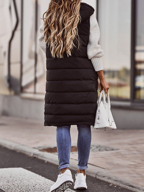 Buttoned Drawstring Keep Warm Solid Color Split-Joint Zipper Hooded Sleeveless Vest Outerwear Padded Coat