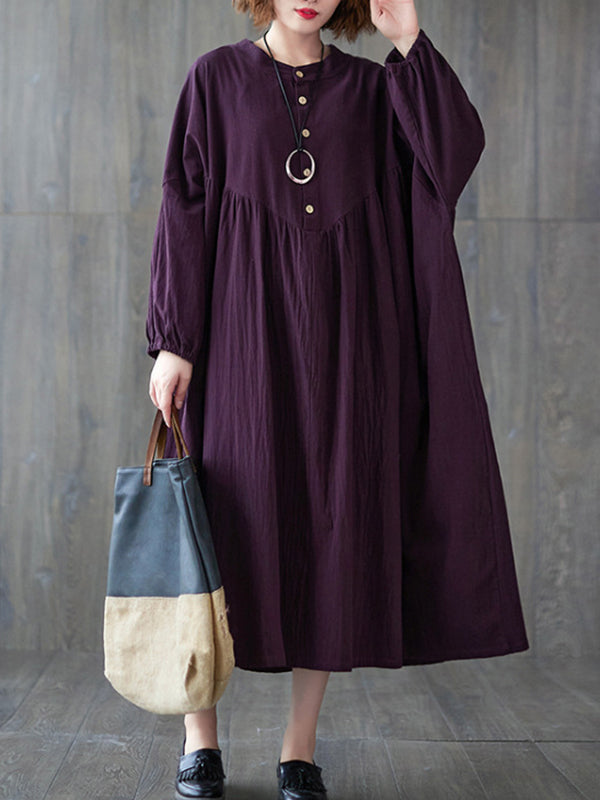 Pleated Solid Color Loose Puff Sleeves Stand Collar Midi Dresses