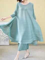 Casual Loose Three-Quarter Sleeves Pleated Solid Color T-Shirt&Pants Two Pieces Set