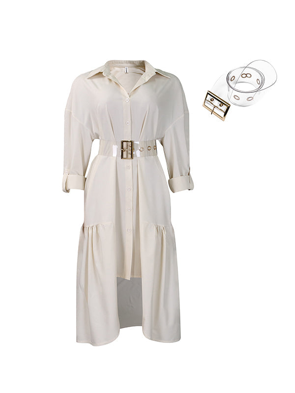 Pleated Split-Joint Tied Waist High-Low Loose Lapel Shirt Dress Midi Dresses