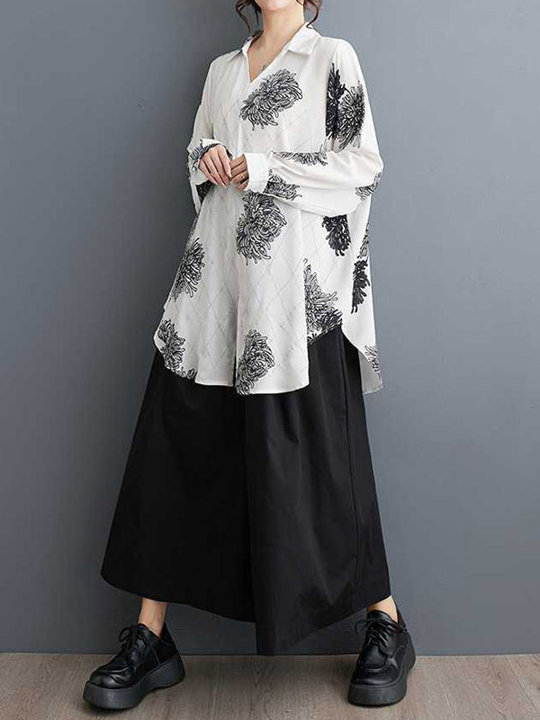Buttoned Flower Print Pleated Split-front Long Sleeves Loose Lapel Blouses&shirts Tops