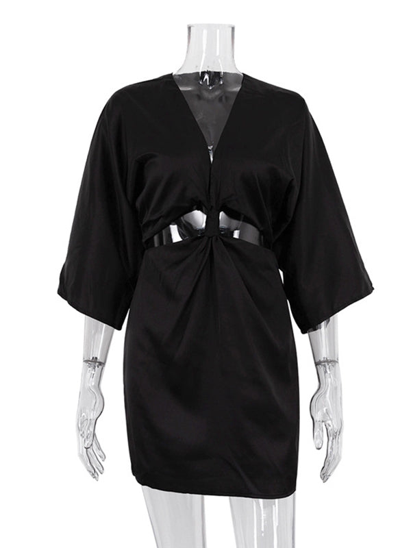 Hollow Knot Solid Color Split-Joint Zipper High Waisted Three-Quarter Sleeves Deep V-Neck Mini Dresses