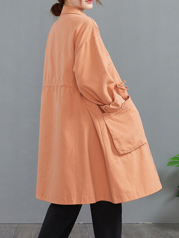 Casual Loose Solid Color Buttoned Lapel Collar Long Sleeves Trench Coat