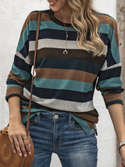 Split-side Striped Long Sleeves Loose Round-neck Sweatshirt Tops