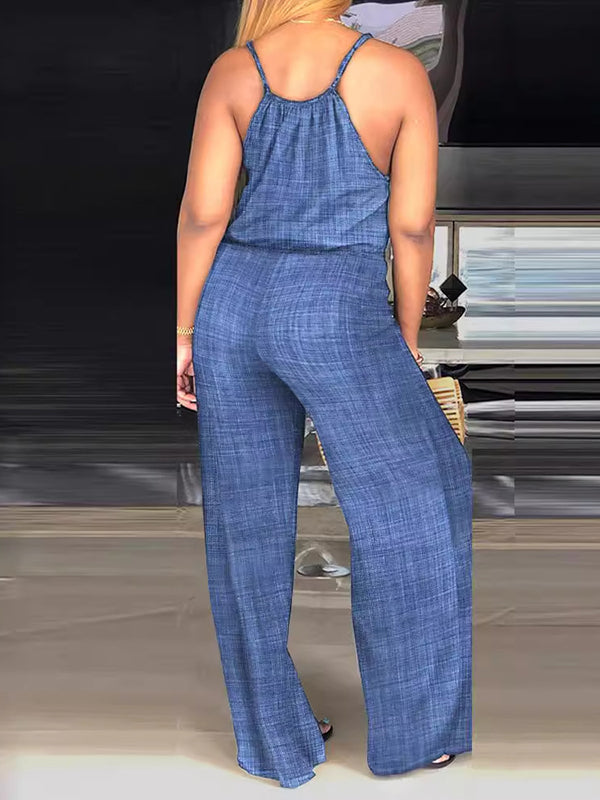 Drawstring Elasticity Solid Color Loose Sleeveless Spaghetti-Neck Jumpsuits
