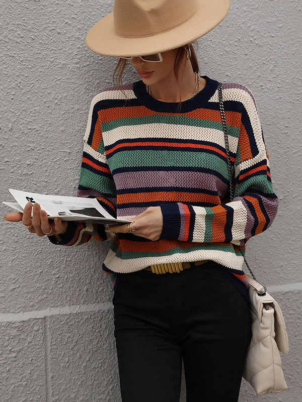 Original Long Sleeves Loose Contrast Color Striped Round-Neck Sweater Tops