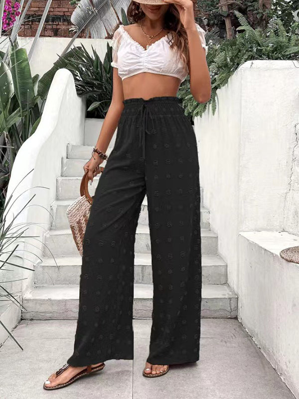 Drawstring Elasticity Jacquard Solid Color High Waisted Loose Trousers Pants