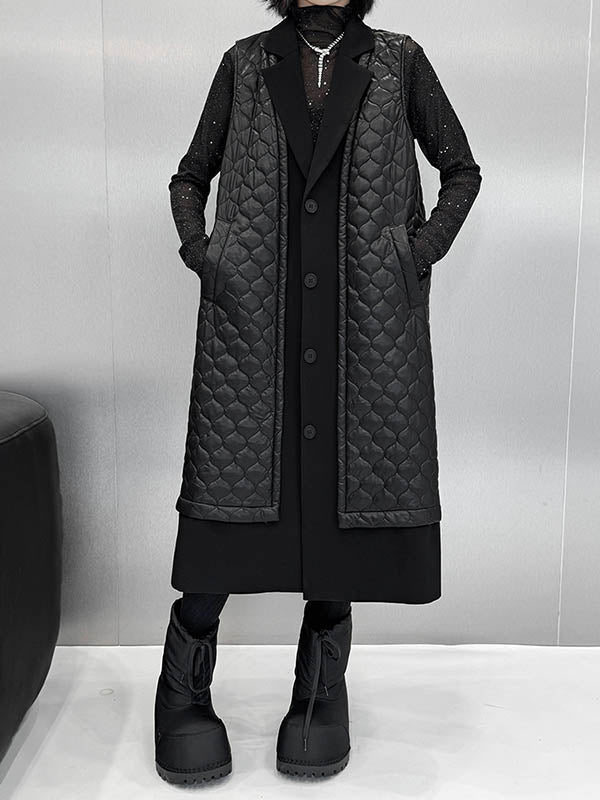 Buttoned Plaid Pockets Solid Color Split-Joint Loose Sleeveless Notched Collar Padded Vest Outerwear