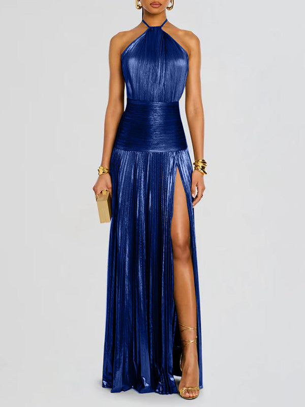 Pleated Shiny Solid Color Split-Side Elasticated Waist Sleeveless Halter-Neck Maxi Dresses