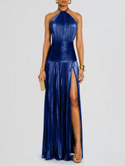 Pleated Shiny Solid Color Split-Side Elasticated Waist Sleeveless Halter-Neck Maxi Dresses