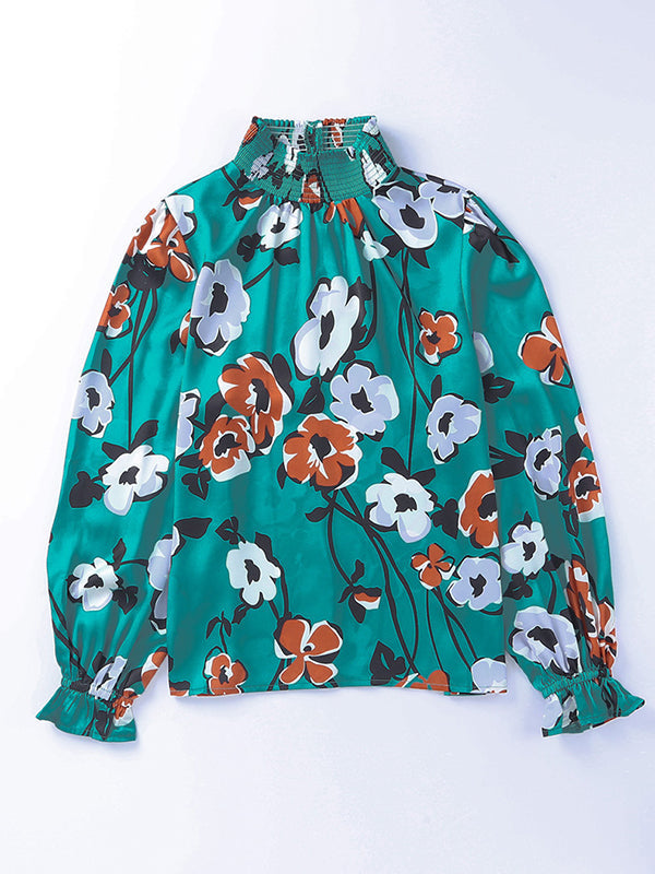 Stylish Selection Long Sleeves Loose Printed Pleated Half Turtleneck Blouses&Shirts Tops