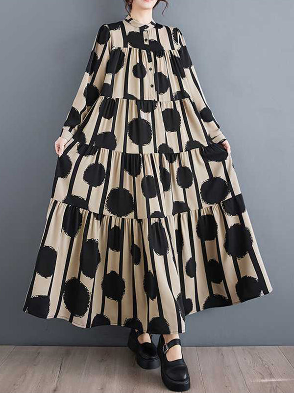 Buttoned Pleated Polka-Dot Split-Joint A-Line Long Sleeves Stand Collar Shirt Dress Maxi Dresses