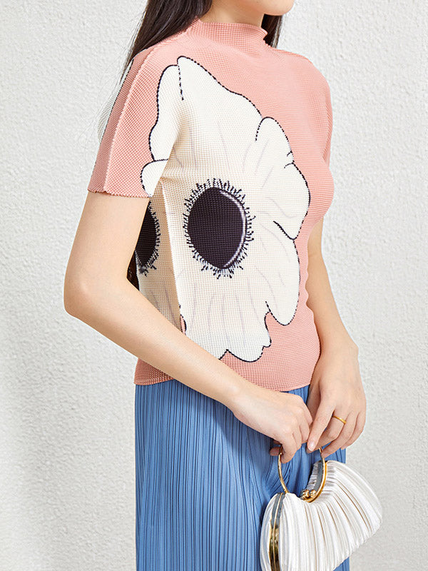 Flower Print Pleated Short Sleeves Mock Neck T-Shirts Tops